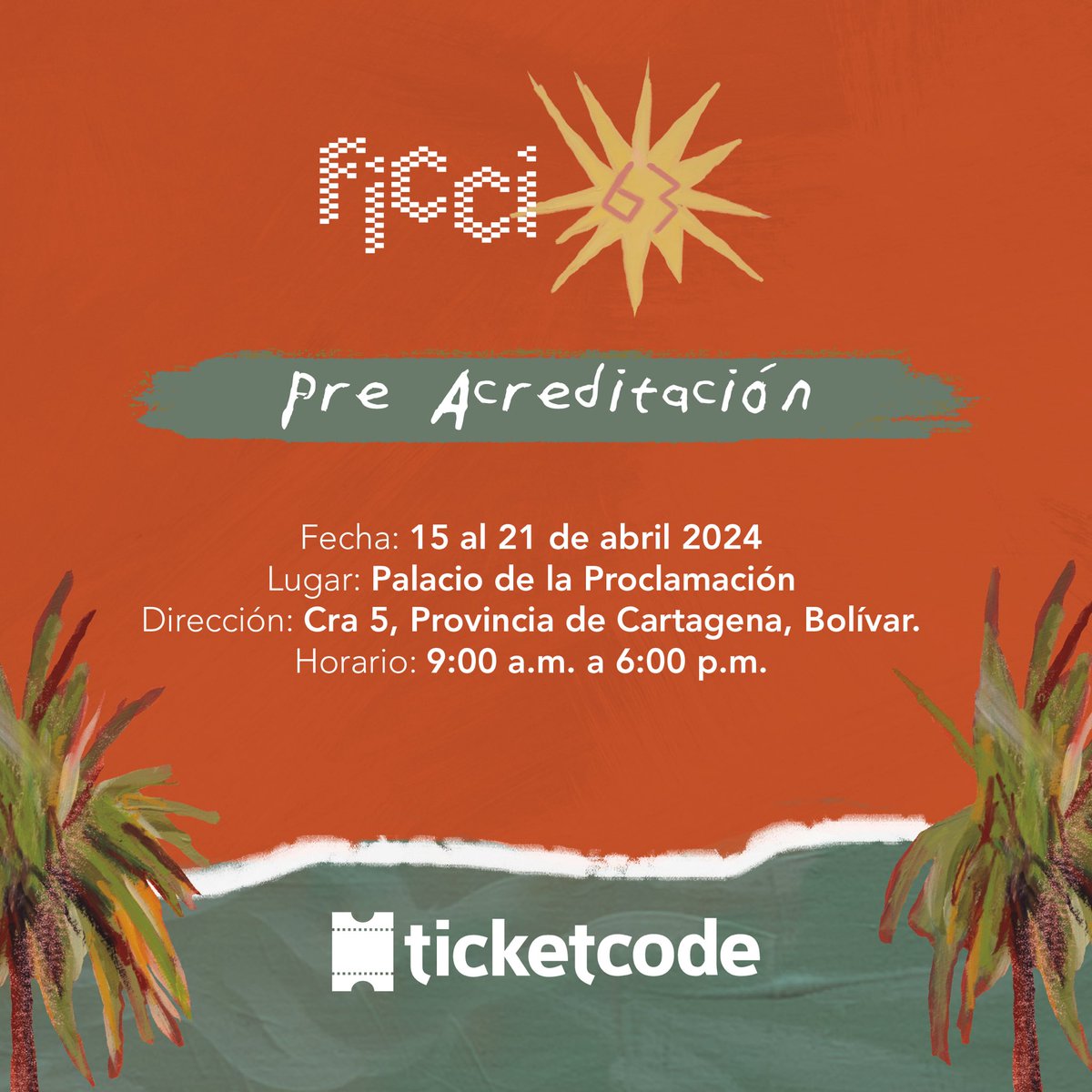 _FICCI_'s tweet image. ¡Atención cinéfilos y amantes del arte! 

🎬✨ Mañana 15 de abril  abre sus puertas la oficina de acreditaciones del #FICCI63  en el Palacio de la Proclamación. Desde las 9:00 a. m. hasta las 6:00 p. m., podrán reclamar su acreditación y el welcome package.