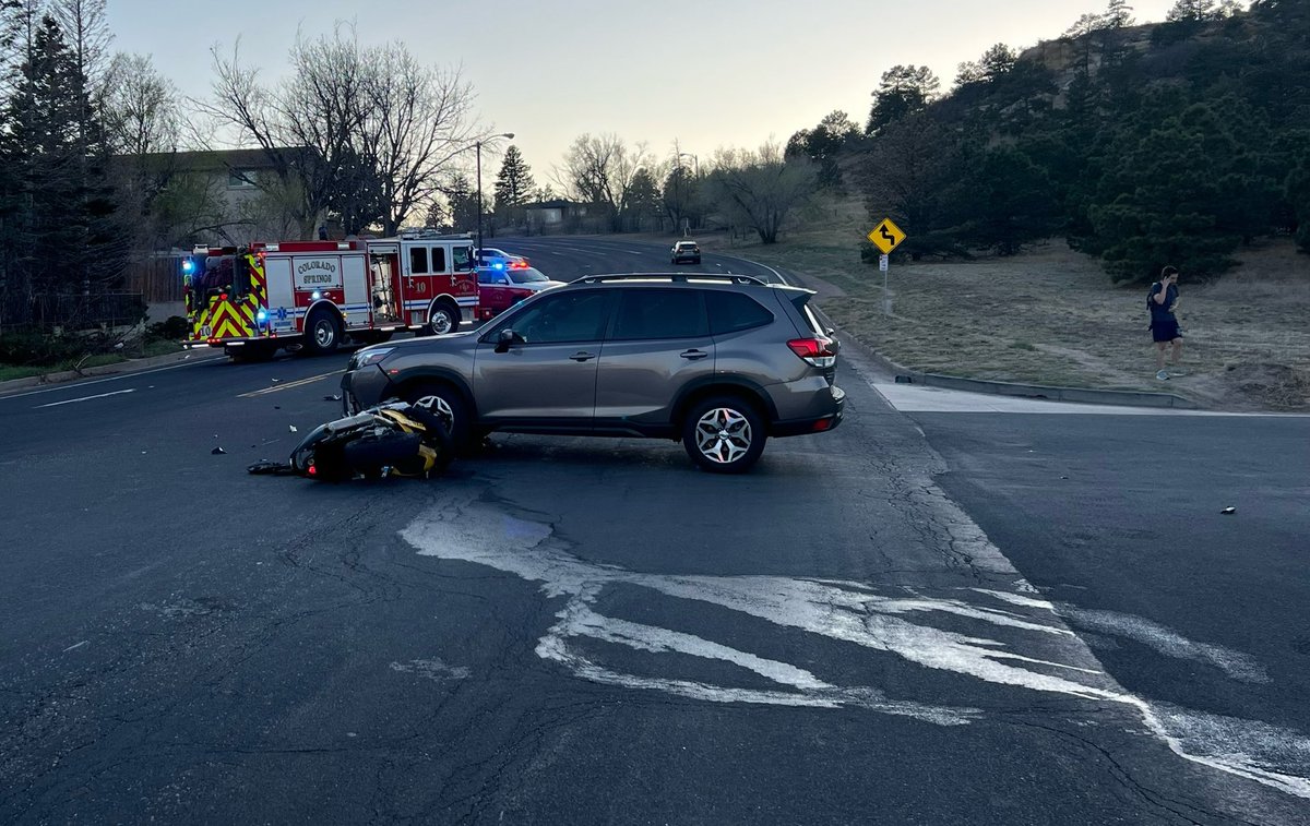 #ColoradoSpringsFire Engine 10, Truck 10, Medical Lieutenant, and Special Operations Lieutenant are on scene of an auto/motorcycle accident at Maizeland Road and Warwick Lane. There are road closures. Avoid the area. One patient transported to a local hospital.