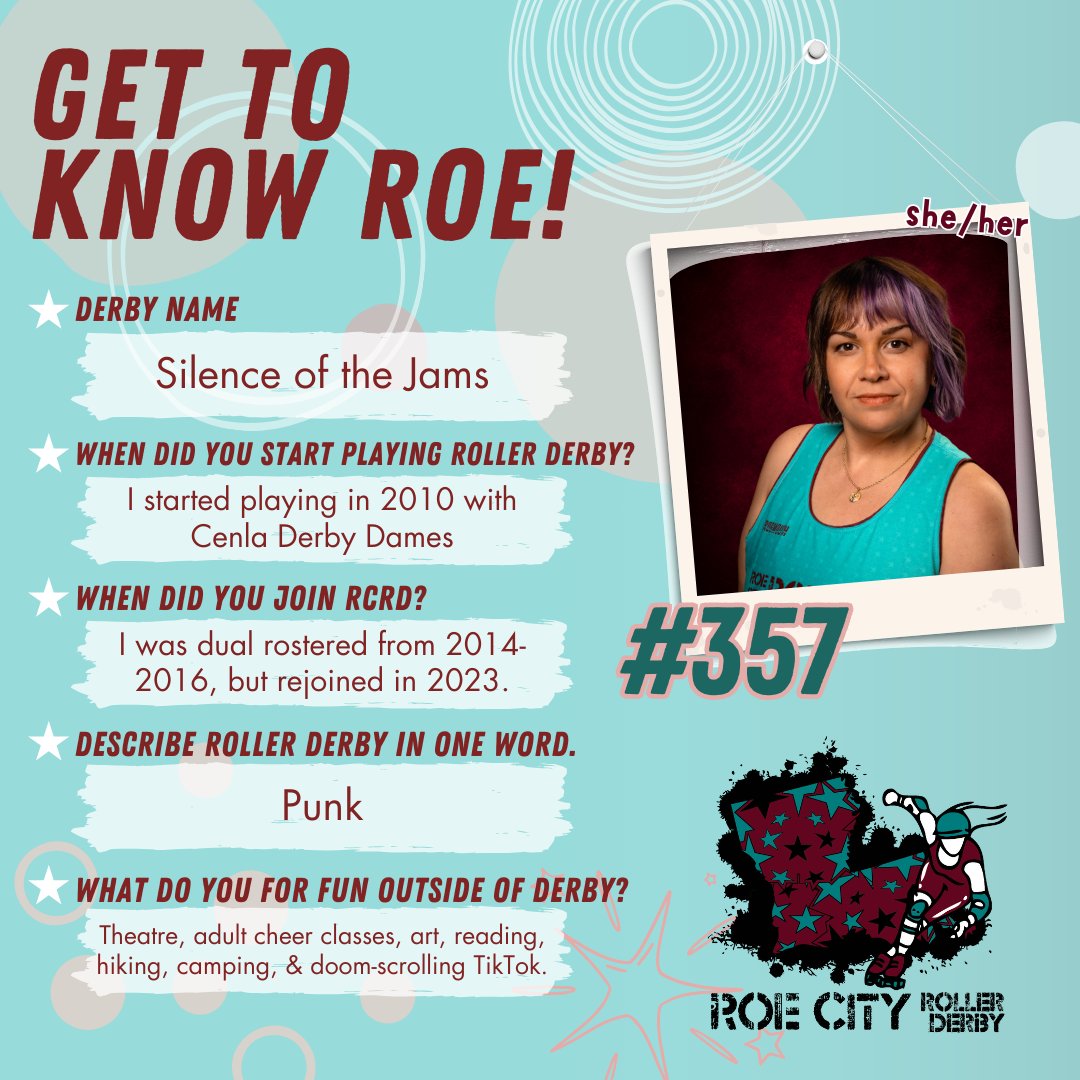 Our first bout on May 4 is coming up faster than we know it! Over the next few weeks, we will be introducing our rostered skaters and coaches, as well as our NSOs!!! 🛼🩵💜💪
The next person we are introducing is Silence of the Jams!

#RCRD #RoeCity #RCR #RoeCityRollerDerby
