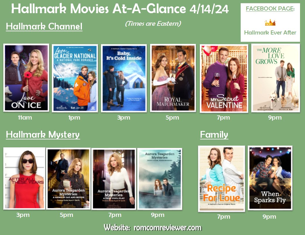 Here are the movies playing today, 4/15, on #HallmarkChannel, #HallmarkMystery, and #HallmarkFamily.

#Hallmarkies #Sleuthers #Romcoms #HallmarkSchedule #HallmarkMovies