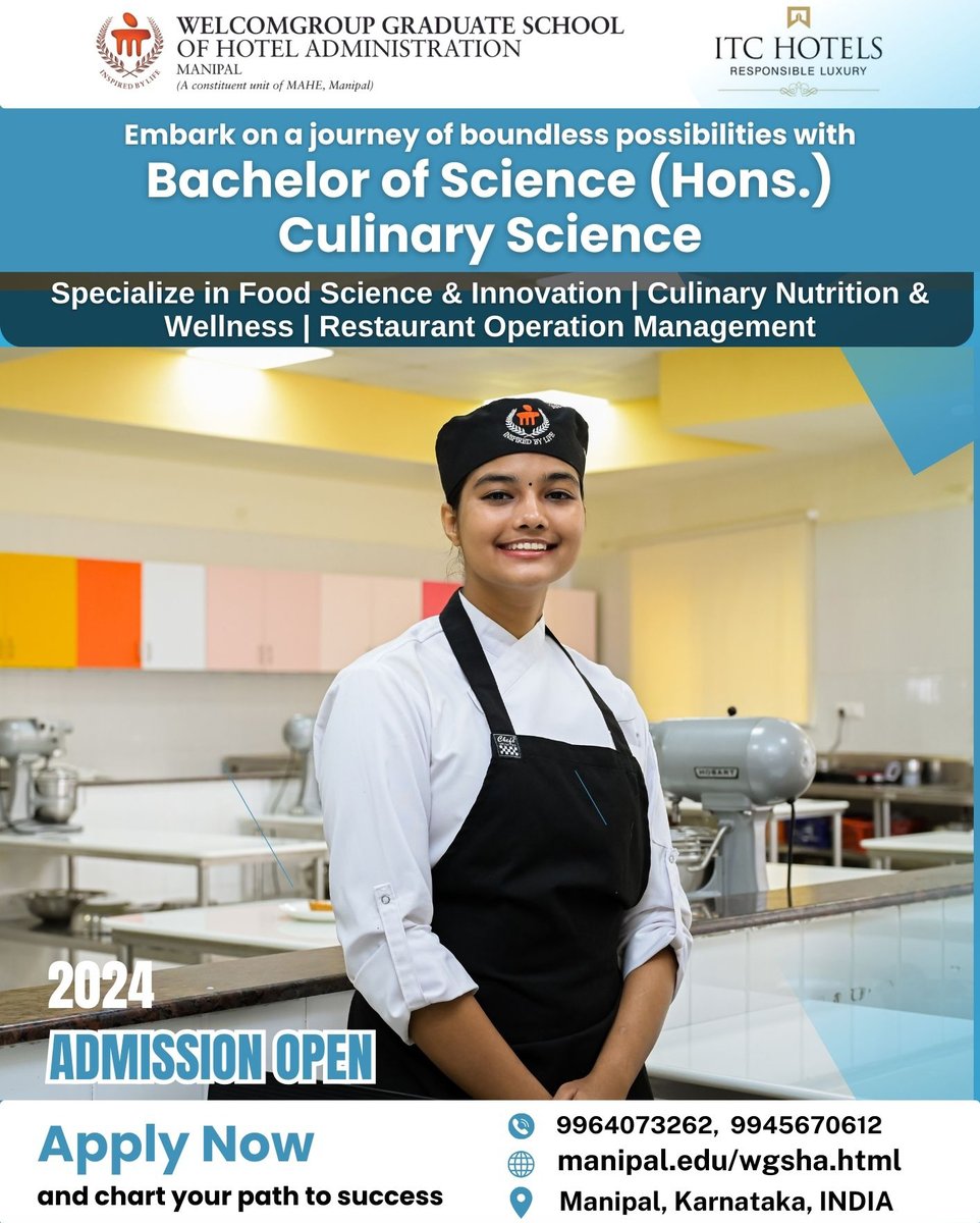 Join BSc in Culinary Science (Honours) Degree at @wmanipal @mahe_manipal Specializing in Food Science & Innovation, Culinary Nutrition & Wellness, and Restaurant Operation Management.
Apply - manipal.edu/wgsha.html
#admissionopen2024_2025 #HOTELMANAGEMENT #culinaryscience #wgsha