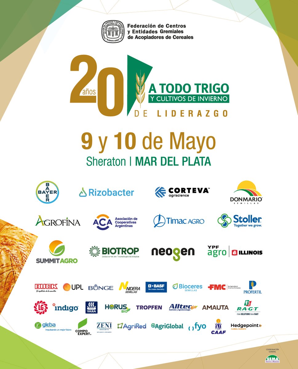 Grupo SEMA (@gruposema) on Twitter photo #ATODOTRIGO de <a href="/acopiadores/">Acopiadores</a> cumple 20 años llevando la bandera de la vanguardia tecnológica y comercial del trigo en Argentina y la región, a productores, técnicos y comercializadores.
¡Sumate! ¡Te esperamos!
9 y 10 de mayo en Mar del Plata.
+info: atodotrigo.com.ar #ATODOTRIGO de <a href="/acopiadores/">Acopiadores</a> cumple 20 años llevando la bandera de la vanguardia tecnológica y comercial del trigo en Argentina y la región, a productores, técnicos y comercializadores.
¡Sumate! ¡Te esperamos!
9 y 10 de mayo en Mar del Plata.
+info: atodotrigo.com.ar