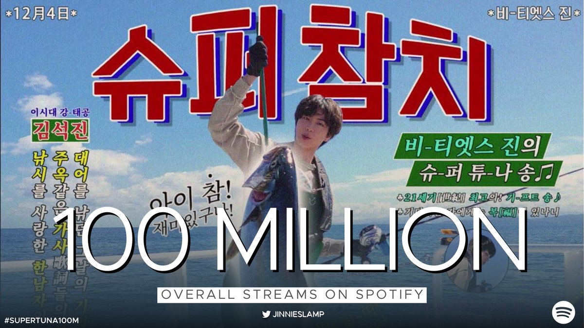 “Super Tuna” by @BTS_twt #JIN has surpassed 100 MILLION streams on Spotify! 🎉 CONGRATULATIONS JIN #SuperTuna100M