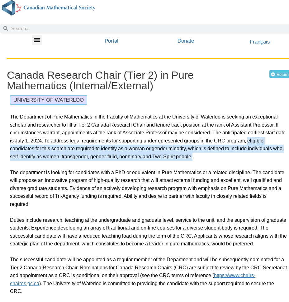 The Department of Pure Mathematics at @UWaterloo is hiring a math professor. ''Eligible candidates for this search must self-identify as women, transgender, gender-fluid, nonbinary and Two-Spirit people.''