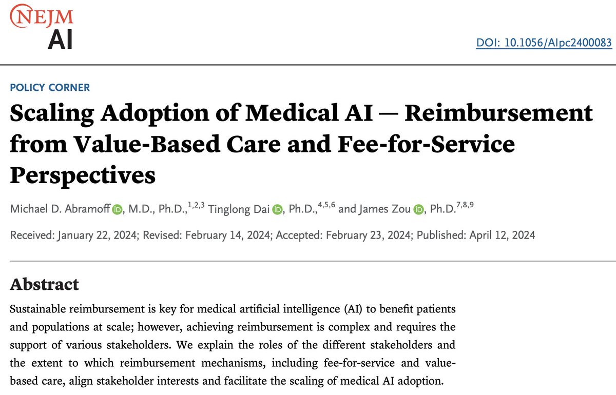 How to get paid is increasingly the biggest puzzle facing biomedical #AI -- more so than developing the technology. Our new @NEJM_AI article discusses the economics of medical AI + payment landscape ai.nejm.org/stoken/default… Real pleasure writing this w/ @MichaelAbramoff and