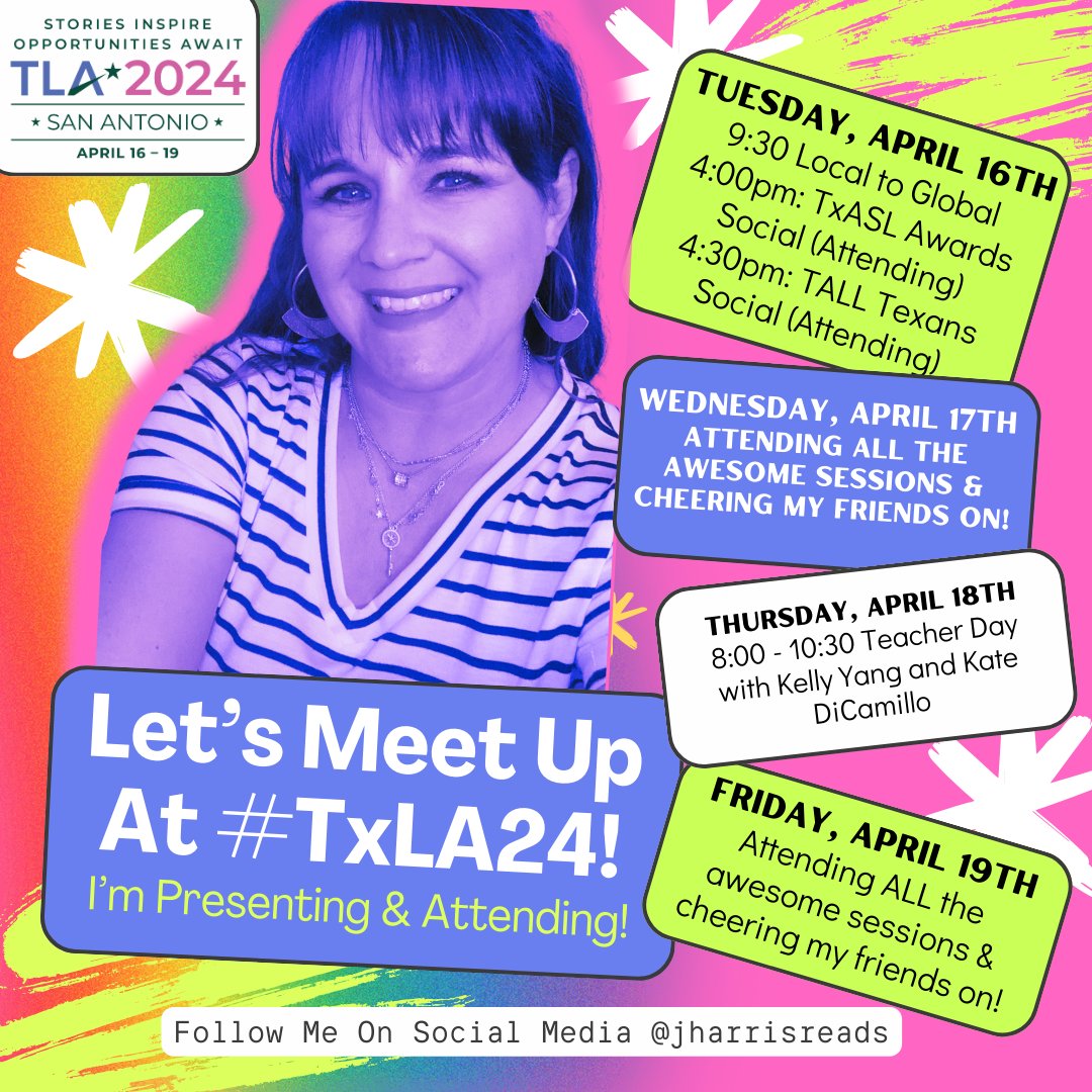 I'm busy packing and cannot wait to get to #TXLA24 and see all my amazing #librarian friends. I will be presenting and attending. Hope we meet up!! #libraryPL #storiesinspire @TxASL Thank you shout out to the creative and amazing @cuethelibrarian for the template!