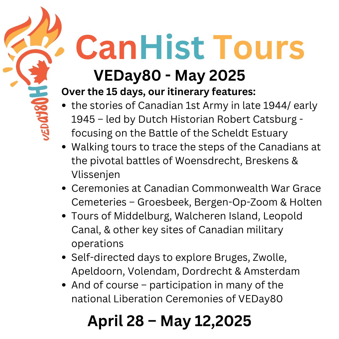 CanHistTours's tweet photo. VEDay80 - May 2025

A Canadian pilgrimage in the footsteps of Canadians... 🇨🇦🍁🌷🇳🇱

April 28 - May 12, 2025

Register Now!

https://t.co/O0DpMYaLIk

#Travel #HistoryTravel #BattlefieldsTour #VEDay80 #Netherlands #EllisonTravel @EllisonTravel @neilorford1 https://t.co/0ddaGeIZ9V