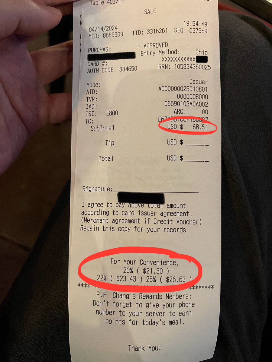 gaboabu's tweet photo. DINERS BEWARE! Today at @PFChangs in NJ, the suggested gratuity percentages on my bill said 20%, 22%, and 25% but were actually 31%, 33%, and 37% of the post-tax bill (e.g. $21.50/$68.51 = 0.313). Luckily I caught this and did some quick math, but this is SUPER DECEPTIVE! @bbb_us https://t.co/HLOQkpCD3D