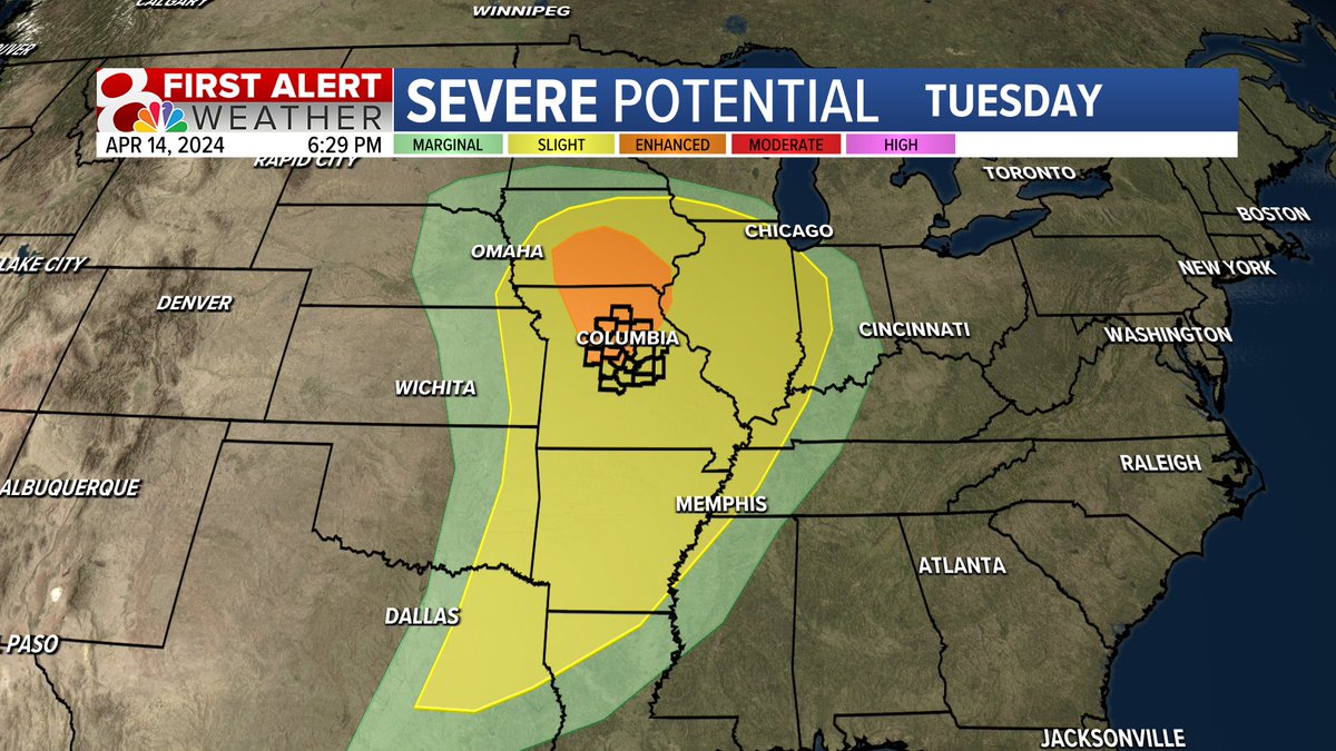 The Storm Prediction Center has placed an enhanced risk of severe weather across northern parts of Missouri into Iowa. This will likely shift in the days ahead, but shows the greatest potential exists across northern Missouri into Iowa. (5/6) #MidMoWx #MoWx #MidMo