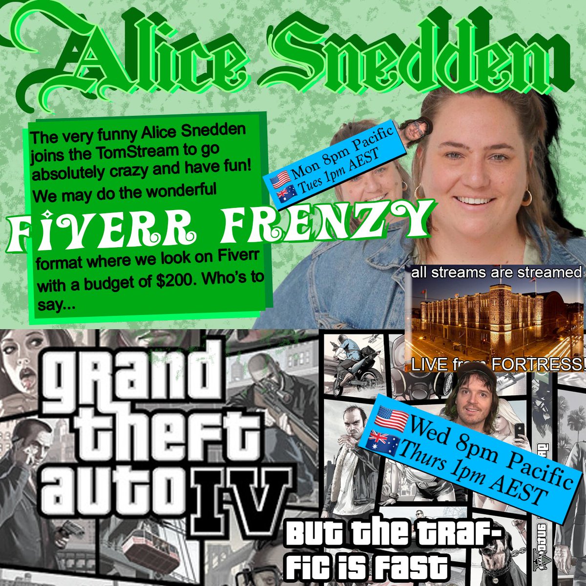 streaming this week with the very funny Alice Snedden and then some fast traffic GTA 4! all over at twitch.tv/TomWalker