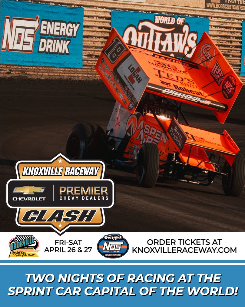 The @NosEnergyDrink @WorldofOutlaws Sprint Cars come to Knoxville on April 26 & 27 for the Premier Chevy Dealers Clash! Ticket are on sale now at knoxvilleraceway.com or by calling the ticket office at 641-842-5431 during business hours.