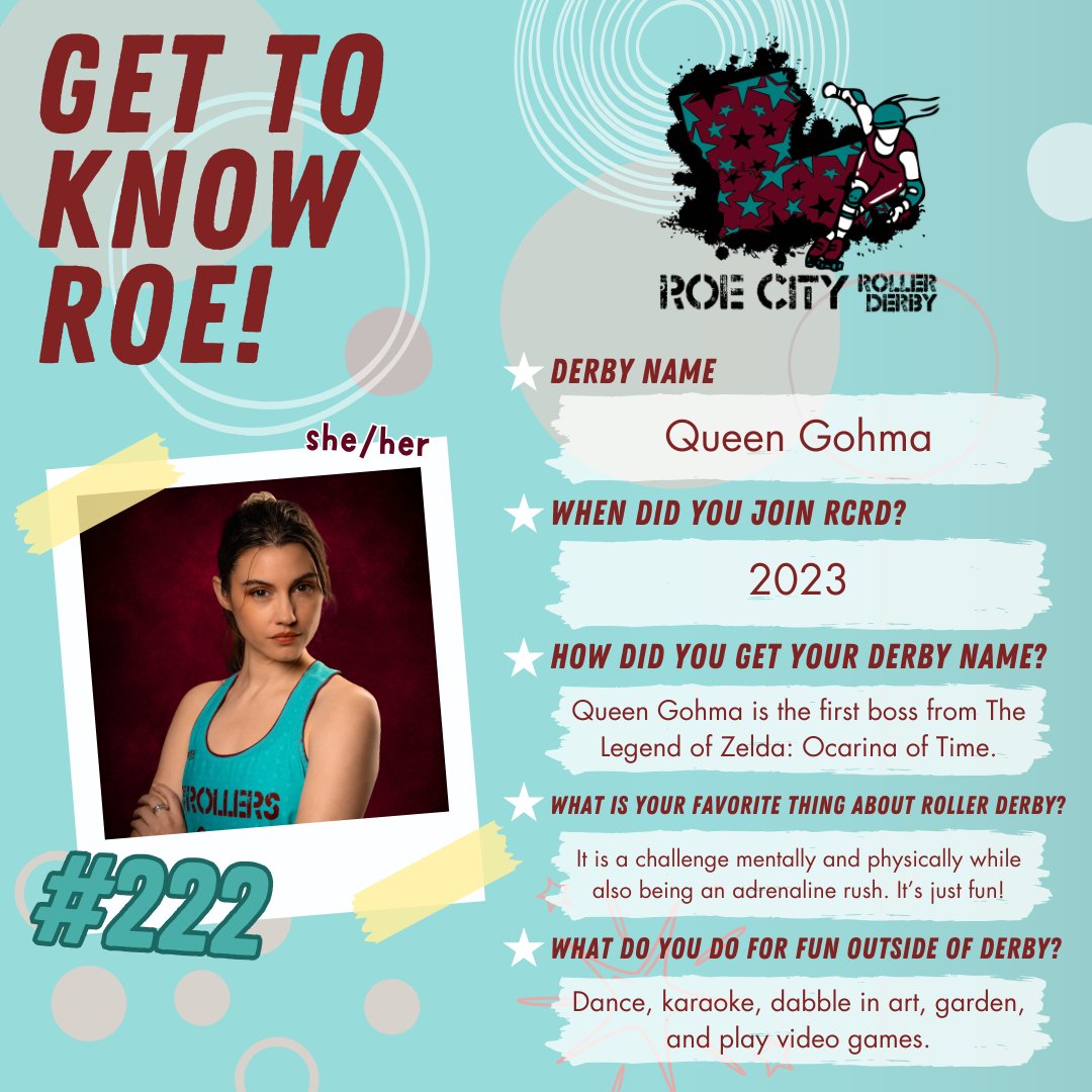 Our first bout on May 4 is coming up faster than we know it! Over the next few weeks, we will be introducing our rostered skaters and coaches, as well as our NSOs!!! 🛼🩵💜💪
The next person we are introducing is Queen Gohma!

#RCRD #RoeCity #RoeCityRollerDerby #RoeCityRollers