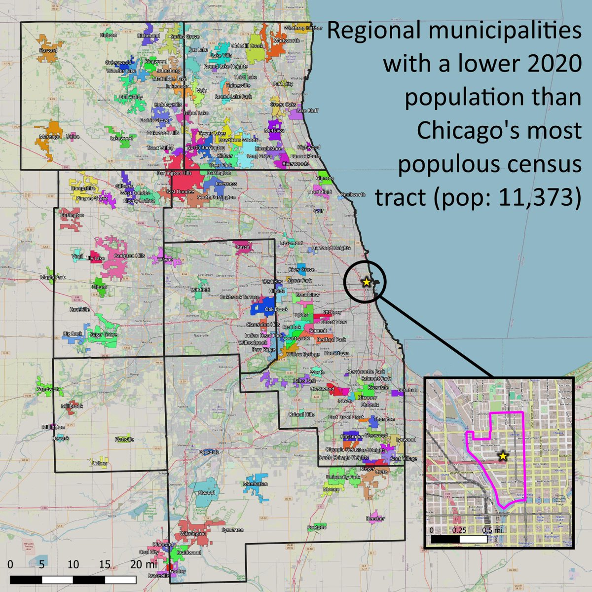 In 2020, there were 141 municipalities in the seven-county Chicago region with a lower population than the city's most populous census tract, which was located in River North.