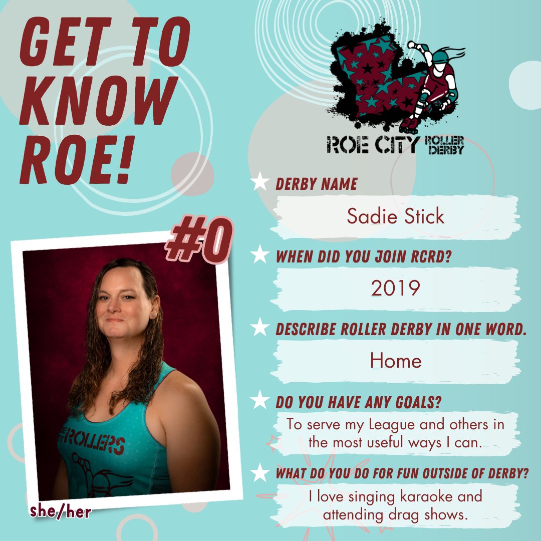 Our first bout on May 4 is coming up faster than we know it! Over the next few weeks, we will be introducing our rostered skaters and coaches, as well as our NSOs!!! 📷📷📷📷
The next person we are introducing is Sadie Stick!

#RCRD #RoeCity #RoeCityRollerDerby #RoeCityRollers