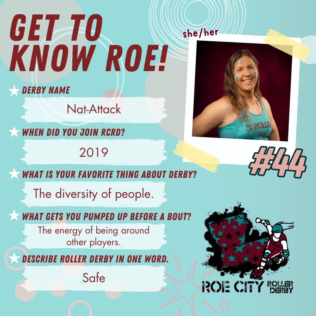 Our first bout on May 4 is coming up faster than we know it! Over the next few weeks, we will be introducing our rostered skaters and coaches, as well as our NSOs!!! 📷📷📷📷
The next person we are introducing is Nat-Attack!

#RCRD #RoeCity #RoeCityRollerDerby #RoeCityRollers