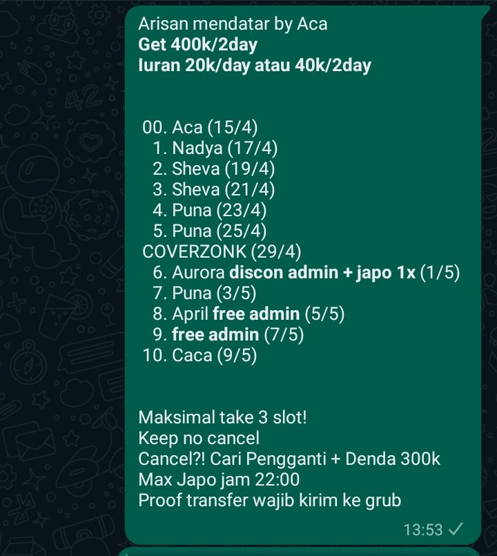 Arisan mendatar get 400k/2day sama 600k/3day masih avail yuk di take #zonauang