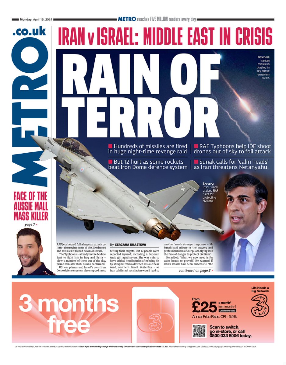 🇬🇧 Rain Of Terror

▫RAF jets shoot down Iranian drones over Israel amid threats of a bigger attack
▫@g_krasteva
▫is.gd/sm2h4X  👈

#frontpagestoday #UK @MetroUK 🇬🇧