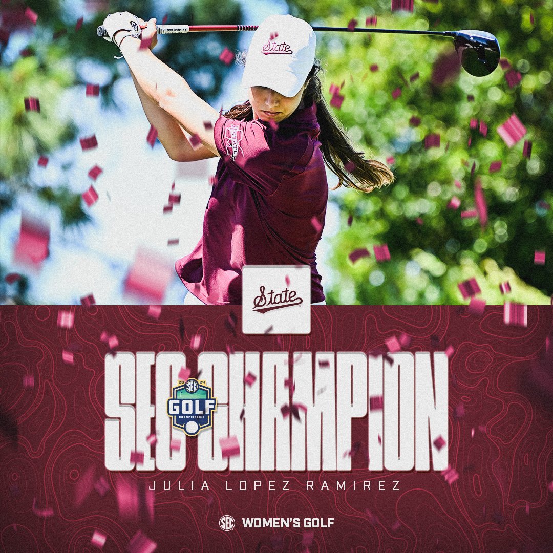 SEC's tweet photo. BACK-TO-BACK TITLES 🏆

2024 SEC Women's Golf Individual Champion:
🐶 Julia Lopez Ramirez, @HailStateWG 

#SECGolf x #SECChampionship