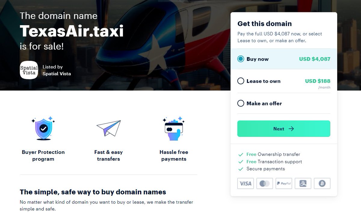 TexasAir.Taxi is For Sale $4087.
Soon Air Taxis/ eVTOLs will be just another ' thing' in the sky 😊
Get this exact domain match in Texas industry!
Also available NYCAir.Taxi CanadaAir.Taxi 
#eVTOL #flying #taxi #UAM #urbanairmobility #domains