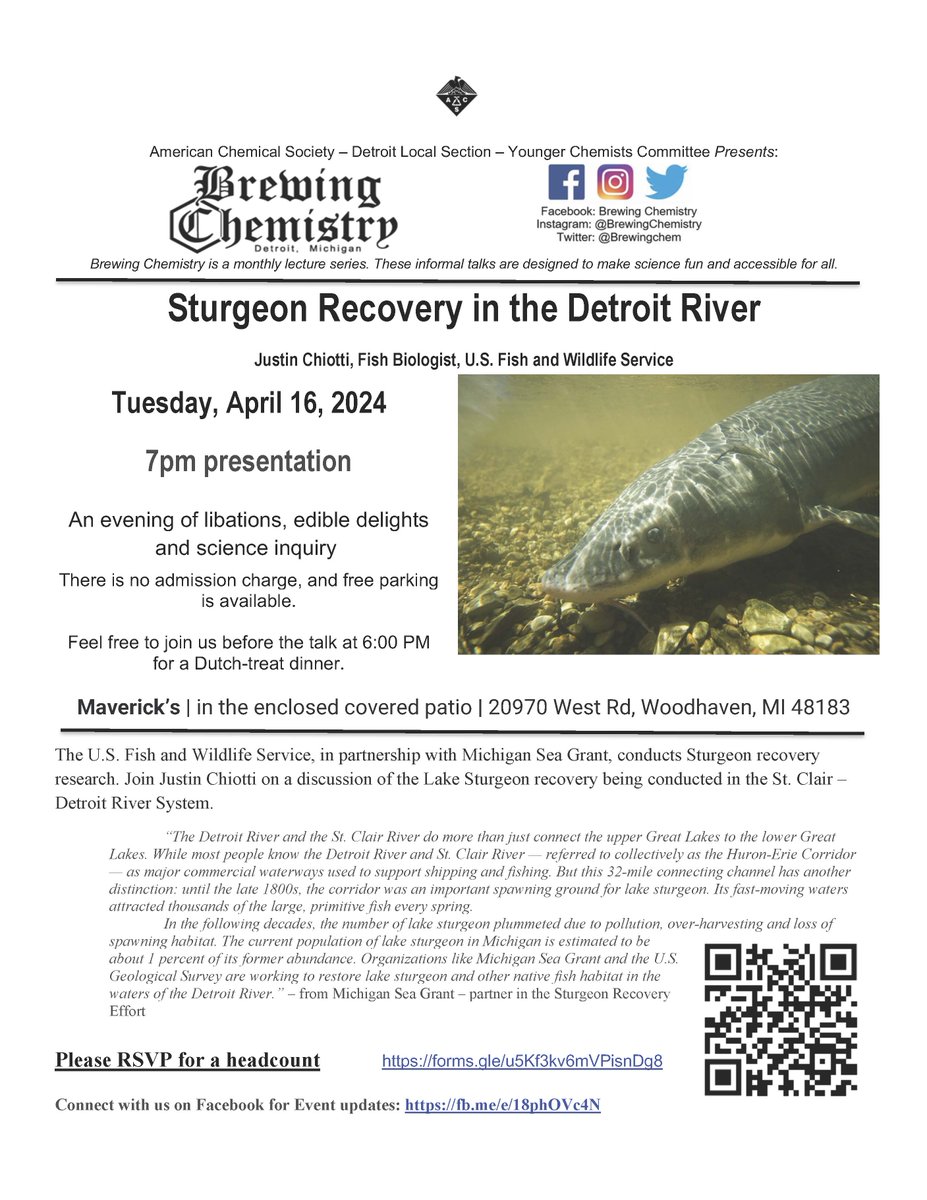Next Brewing Chemistry is Tuesday, April 16th at Maverick's in Woodhaven. Justin Chiotti will be discussing the Sturgeon Recovery in the Detroit River.