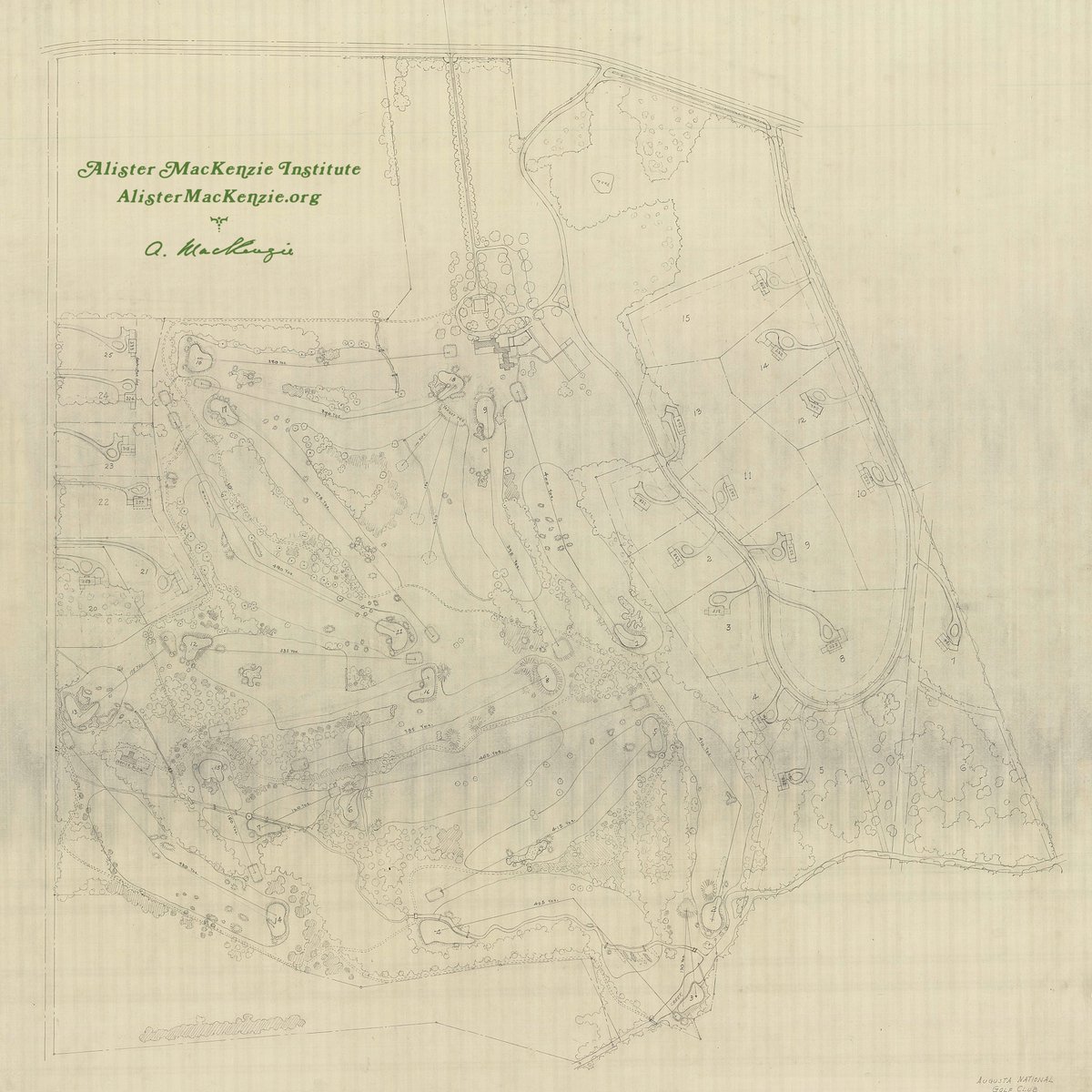 DoctorMacKenzie's tweet image. As-Built plan of the Augusta National circa November 1932 surveyed by the Olmsted Brothers firm (note the nines were flipped) @TheMasters #themasters