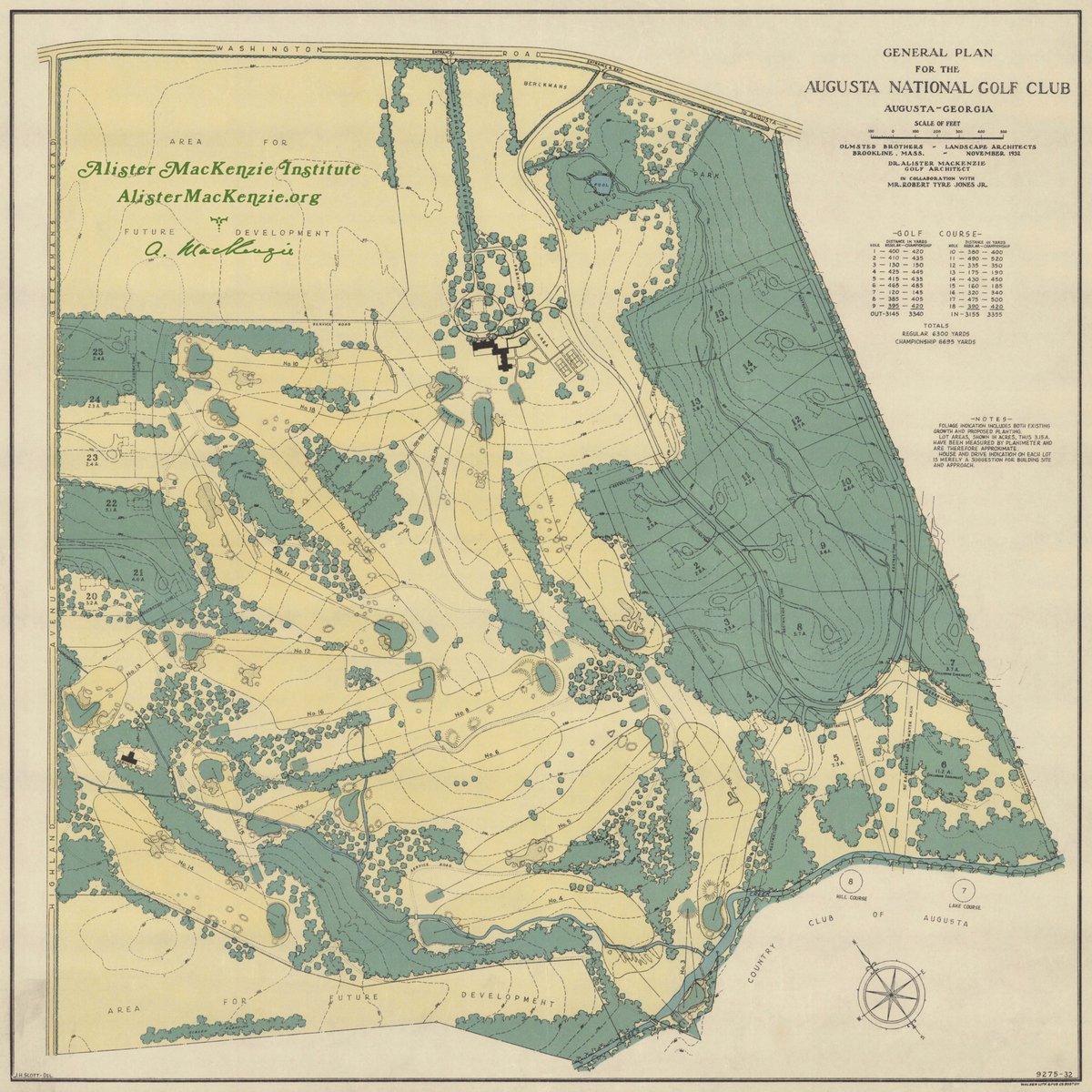 DoctorMacKenzie's tweet image. As-Built plan of the Augusta National circa November 1932 surveyed by the Olmsted Brothers firm (note the nines were flipped) @TheMasters #themasters