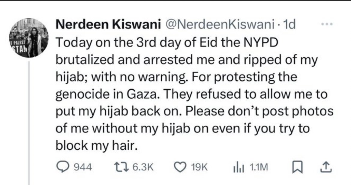 Except you didn’t post about your hijab “coming off.” You claimed NYPD “ripped” it off. Maybe stop breaking the law and stop resisting arrest, and then you won’t have to lie afterwards.