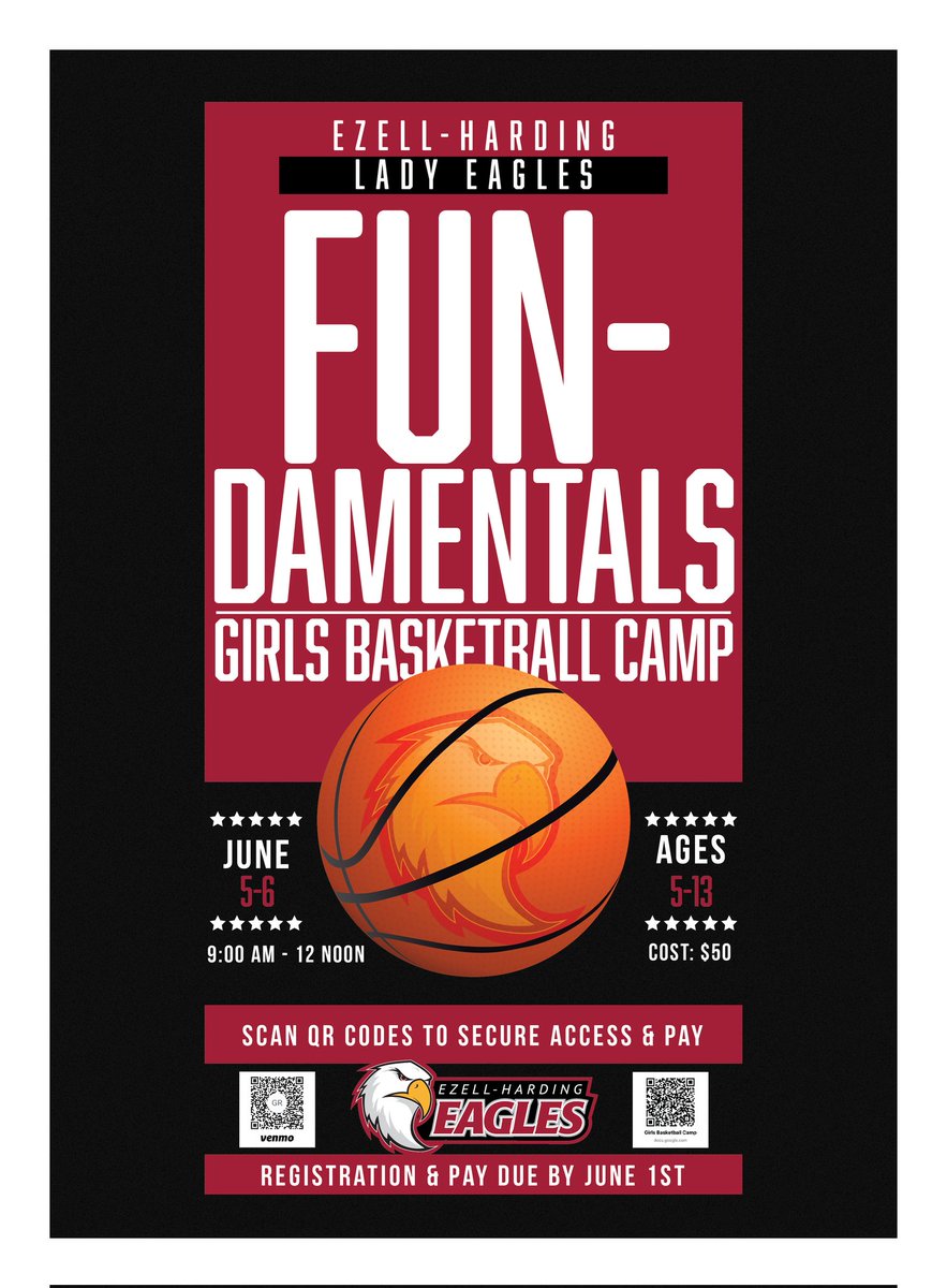 Come our and be apart as we put the Fun in FUN-Damentals at our Inaugural Girls Basketball Camp. 

🗓 June 5th and 6th 
⏰️ 9am - 12noon
📍 Ezell-Harding Christian School 
💰 $50
Scan the QR Code on the flyer to register and pay.