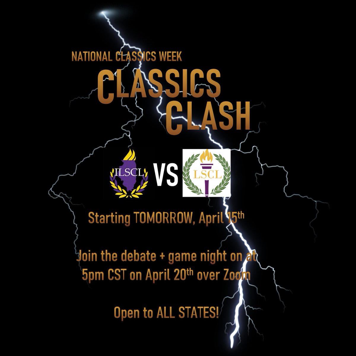 LouisianaSCL's tweet photo. Everyone get hyped for National Classics Week! This year, we're hosting a series of debate questions, one for each day, between Illinois and Louisiana to culminate in a debate and game night on April 20th, at 5pm CST on Zoom! The questions will be available TOMORROW! Get HYPE!!! https://t.co/yrSIVpHgoV