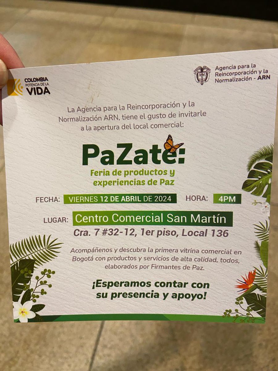 Si quieres apoyar al #AcuerdoDePaz, comprar regalos con sentido, o simplemente si estás buscando productos de alta calidad - te invitamos a visitar la tienda #PaZate en el Centro Comercial San Martin, Bogota. Ahí encontrarás los mejores productos de los #FirmantesDePaz