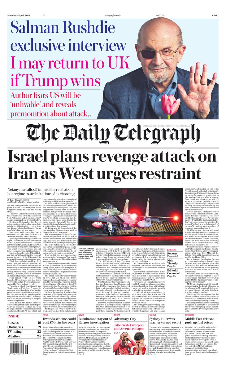 The front page of today's Daily Telegraph: 'Israel plans revenge attack on Iran as West urges restraint' Sign up for the Front Page newsletter telegraph.co.uk/frontpage-news…