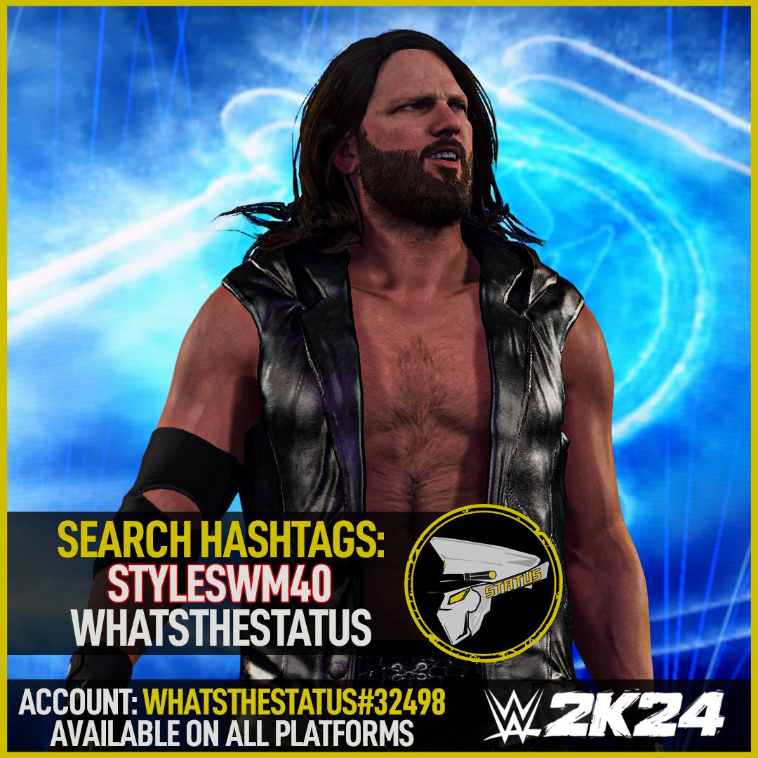 NEW! #WWE2K24 Upload To Community Creations! ★ Aj Styles '24 Wrestlemania 40 (InGame Edit) ★ Search Tag → STYLES40WM or WhatsTheStatus ★ Collaboration with @Kamillion2k ★ INCLUDES ● Custom Portrait ● Updated Beard ● Wrestlemania 40 Attire ● Smackdown 2024 Attire ●…