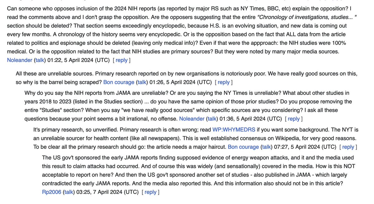 A Wiki war is happening over on the Havana Syndrome talk page, where one editor is refusing to allow updates adding a reference to the 2024 NIH studies finding no detectable brain injuries, over the protests of four others, because they don't like what the research says
