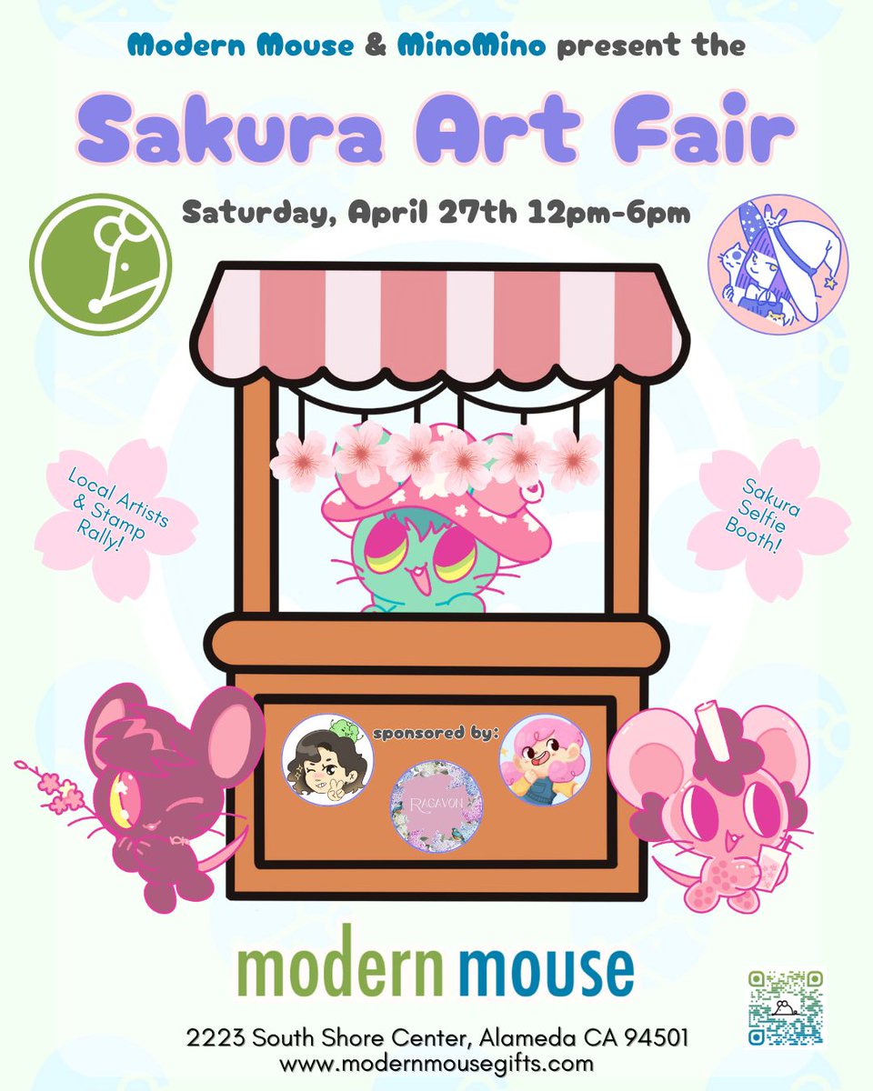 Let the spirit of cherry blossom season enfold you at our next event: the Sakura Art Fair! Join us, <a href="/minominoten/">minomino.bsky.social 🌞</a>, and eight other artists on Saturday, April 27th 12:00-6:00pm for local shopping, stamp rally prizes, &amp; a sakura-themed selfie station. 🐭🌸

#shoplocal #bayarea
