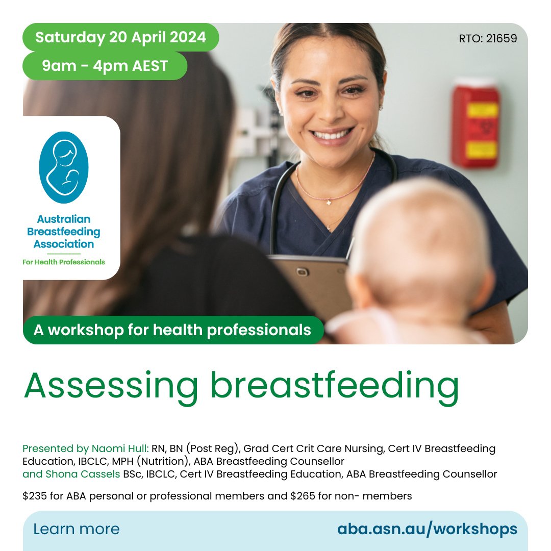 Our next workshop will be delivered online on Saturday 20 April 9am - 4pm AEST Register today for ‘Assessing breastfeeding’ by visiting aba.asn.au/workshops #HealthProfessionals #BreastfeedingSupport #AdultLearning