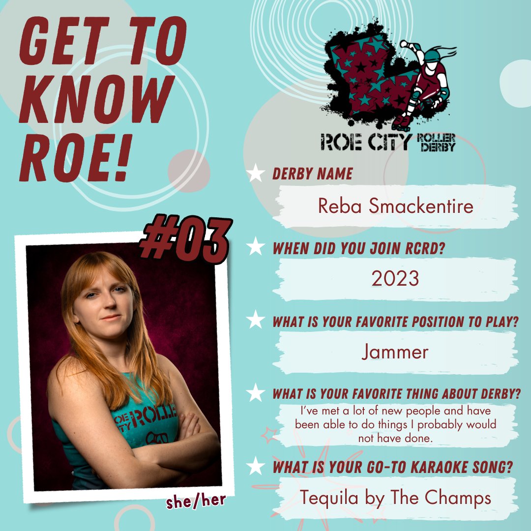 Our first bout on May 4 is coming up faster than we know it! Over the next few weeks, we will be introducing our rostered skaters and coaches, as well as our NSOs!!! 
The next person we are introducing is Reba Smackentire!

#RCRD #RoeCity #RoeCityRollerDerby #RoeCityRollers