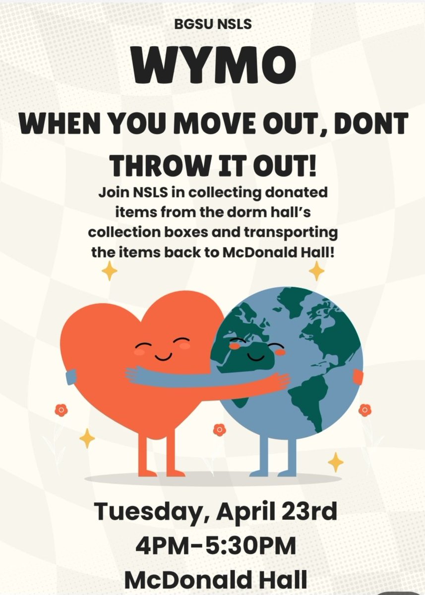 nslsbgsu's tweet photo. Help us help the Earth!

We will be helping the University Collect Donated items that students don't want to take home when they move out! SPOTS ARE LIMITED TO VOLUNTEER!

CLAIM YOUR SPOT BY APRIL 16TH (fill out the Google  form on the NSLS Website) https://t.co/8x4XLP7Qtd