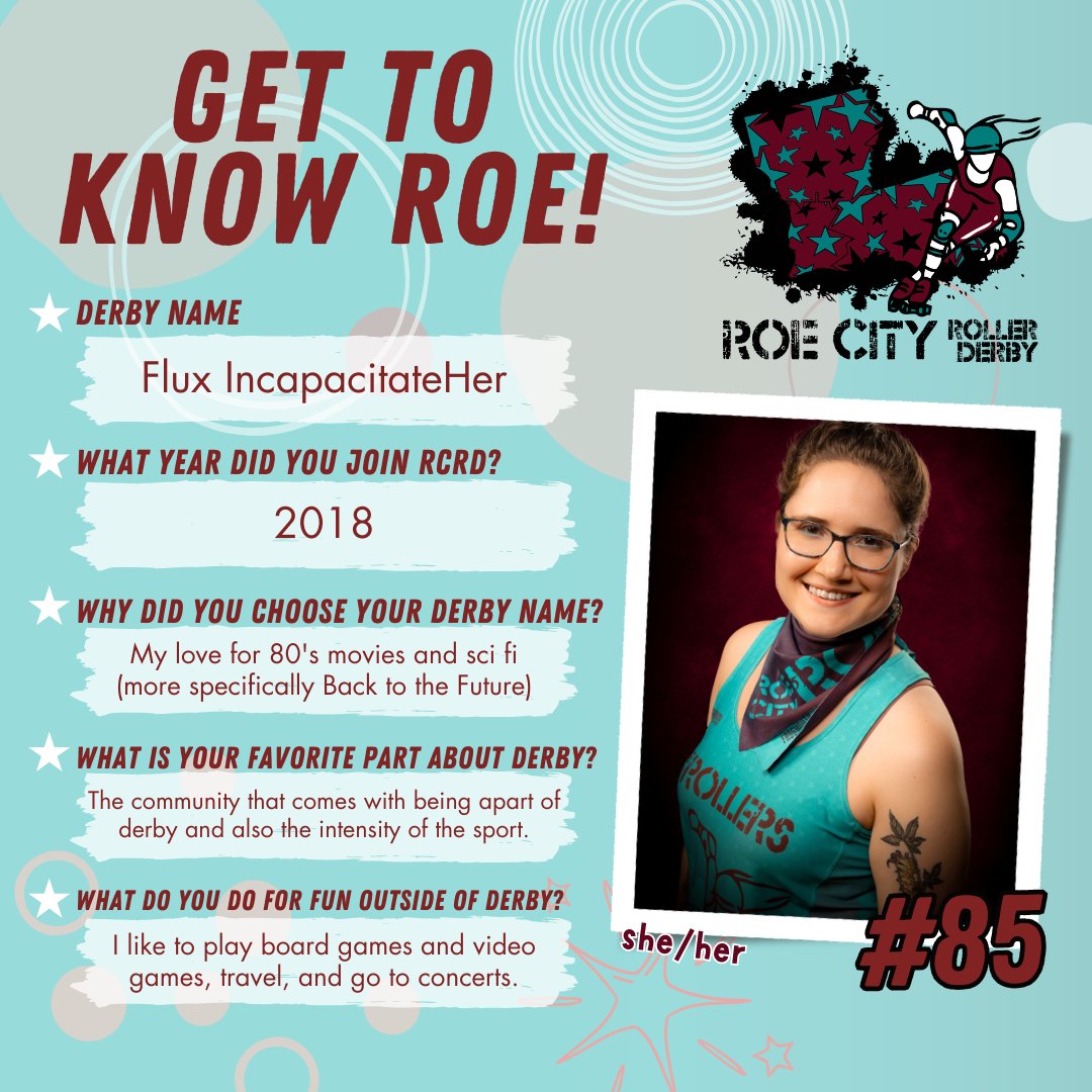 Our first bout on May 4 is coming up faster than we know it! Over the next few weeks, we will be introducing our rostered skaters and coaches, as well as our NSOs!!! 🛼🩵💜💪
The next person we are introducing is Flux IncapacitateHer!

#RCRD #RoeCityRollerDerby #RoeCityRollers