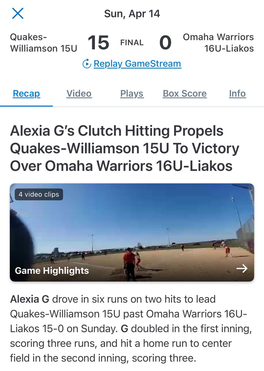 I see you, Lex! Today was a great day for a bases clearing double and a homerun! Way to bring home the W! <a href="/Lexigriger2027/">Alexia Griger</a>