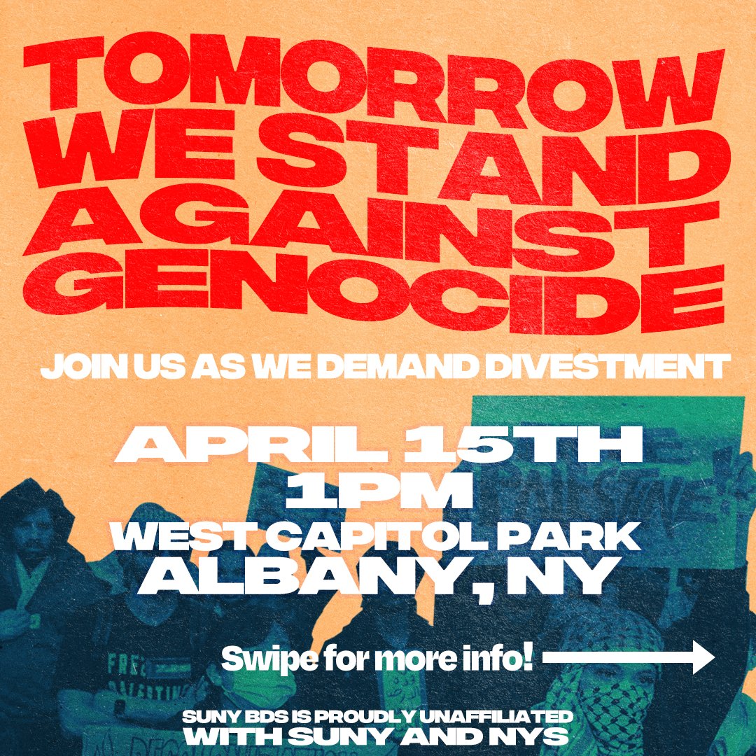 SUNYBDS's tweet photo. Join us as we demand divestment from the on-going genocide in Palestine! #SUNYDIVESTNOW https://t.co/duFgC0SIdH
