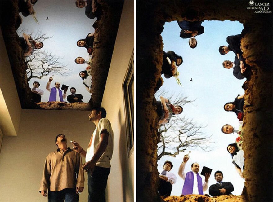 強烈。インドの「がん患者救済協会」が喫煙コーナーの天井に設置した広告（2006）。見上げると、そこには「埋葬される立場」からの視界が描かれている。たばこを吸うと墓場への距離を縮めますよ、というメッセージ。 adsoftheworld.com/campaigns/ceme…