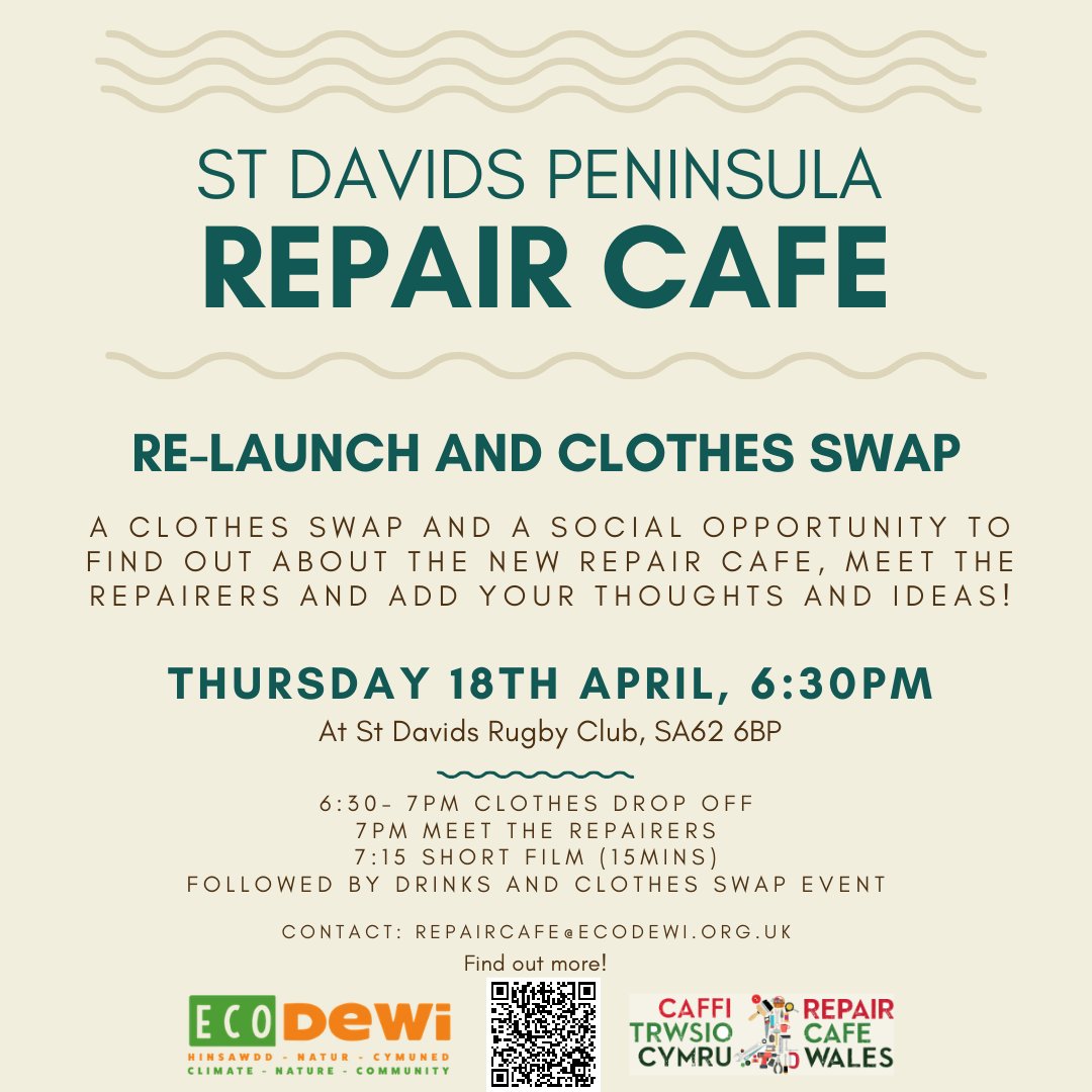 Thursday 18th April is the relaunch of the #StDavids Peninsula Repair Cafe! We'll have a #ClothesSwap & be explaining exactly what a #repaircafe is all about for possible repairers & those who want things fixed. More info below. #repaircafewales #circulareconomy #pembrokeshire