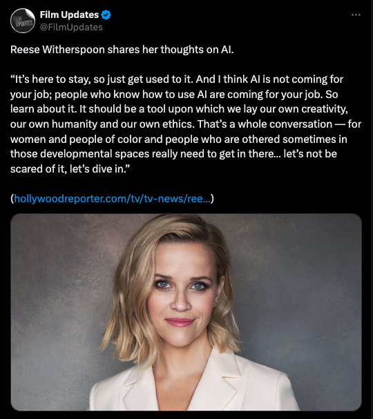 Developing a theory that Reese Witherspoon is a deflationary counterweight for tech bubbles. If the theory holds, the latest data indicates that the AI hype should be bursting soon.