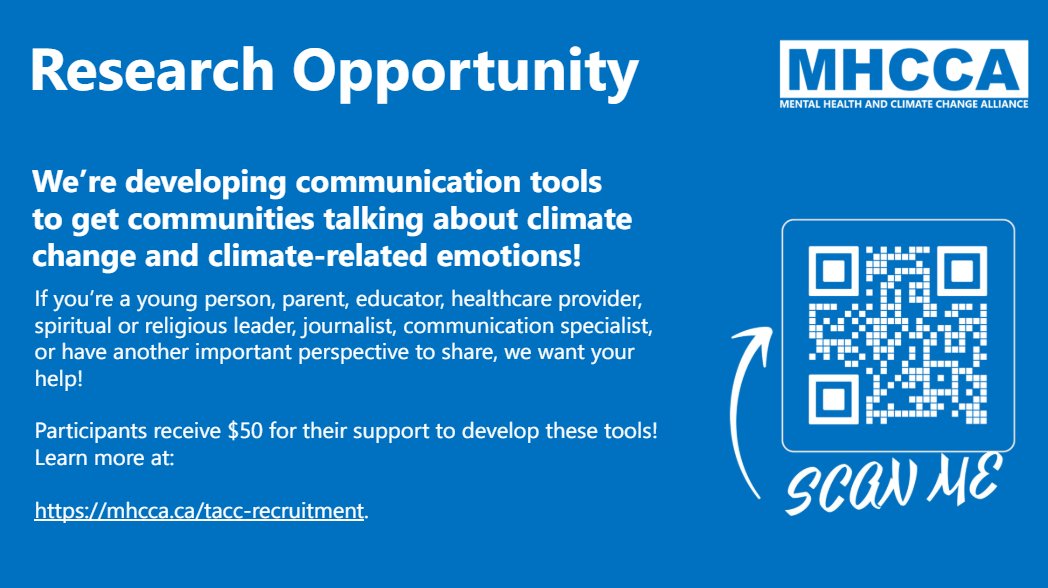 Help us develop tools that help people like you talk about climate change in a trauma-informed, mental health-aware way. To sign up, visit: mhcca.ca/tacc-recruitme…