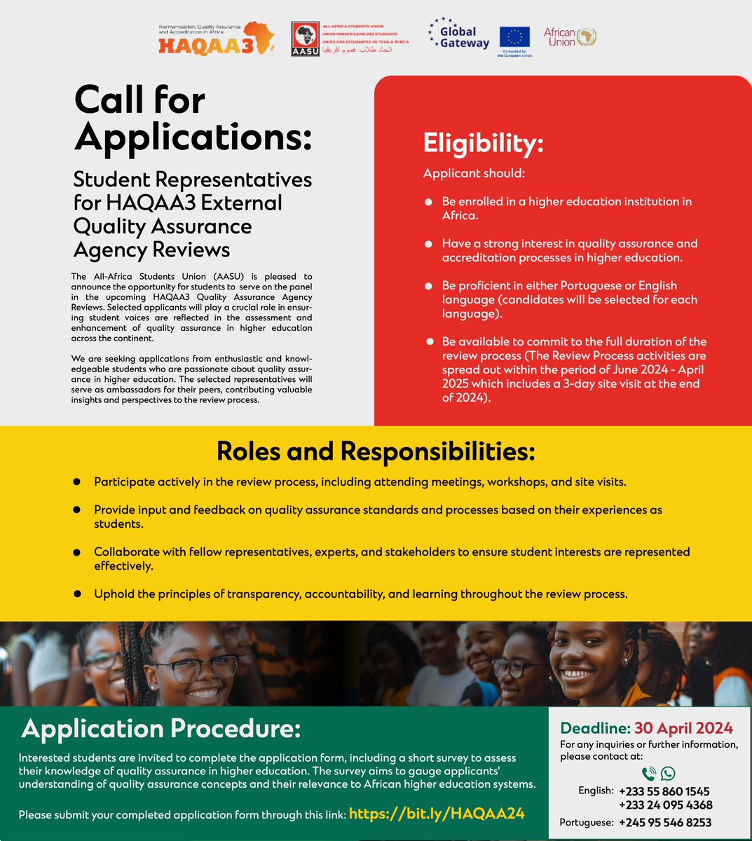 CALL FOR STUDENT REPRESENTATIVES - HAQAA3 AGENCY REVIEWS! Passionate about Higher Ed Quality Assurance? Join us in shaping the future of African Higher Ed! Apply by April 30, 2024, to contribute your perspective. Apply Here: form.jotform.com/240904630069555