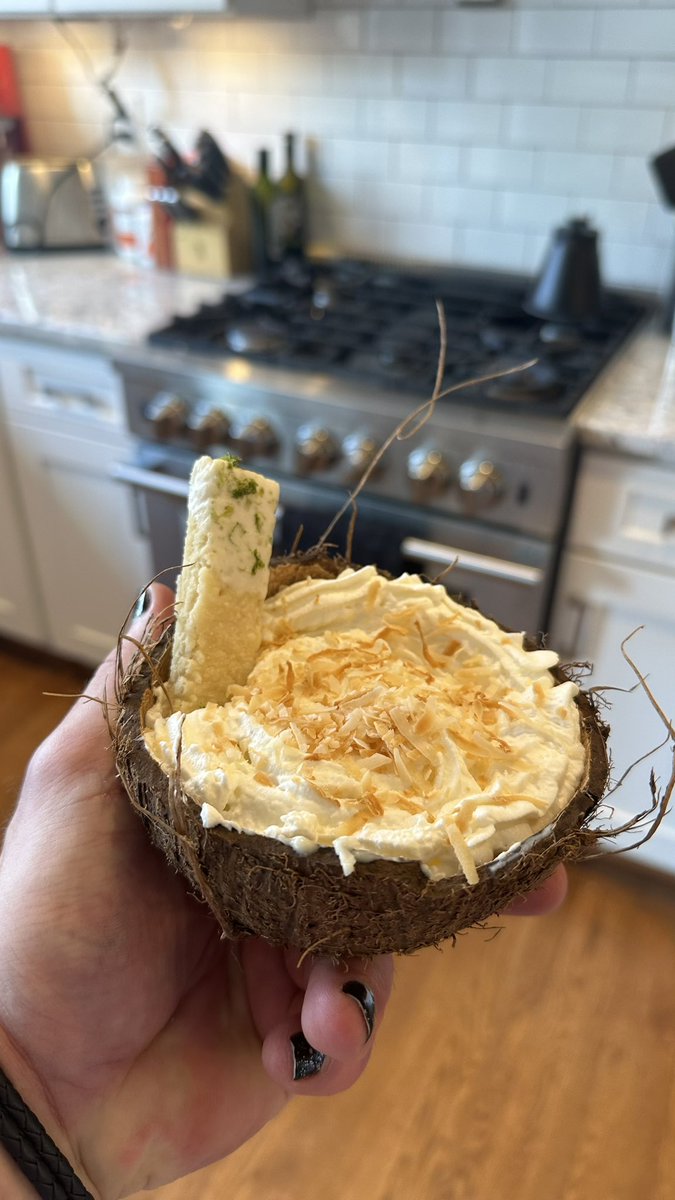 Coconut cream pie in a coconut, shortbread cookies with coconut lime frosting, coconut margarita