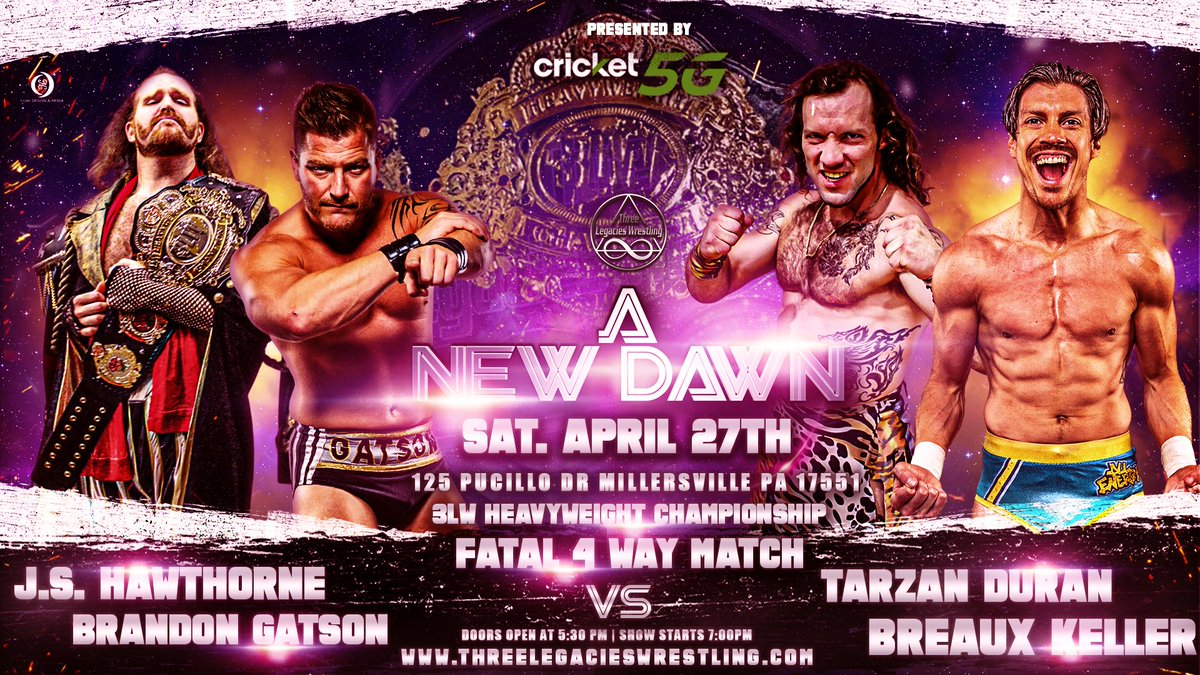 🚨Match Announcement 🚨 The Main Event Match for April 27 A New Dawn The New #3LW Champion @TheJS_Hawthorne defends his title in a fatal four way match vs @tarzan_duran , @Gathouse and @BreauxKeller 🎟️ threelegacieswrestling.ticketspice.com/a-new-dawn?fbc…