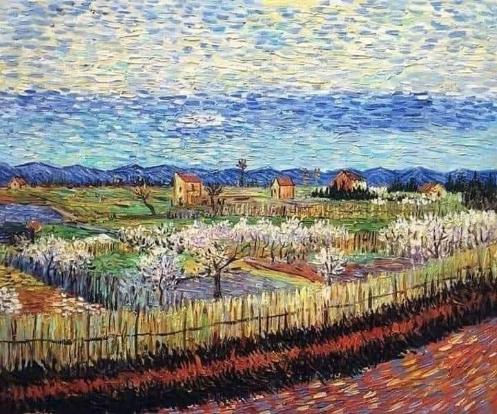 Peach Trees in Blossom, 1889 - Vincent van Gogh A mackerel sky; it's going to rain.