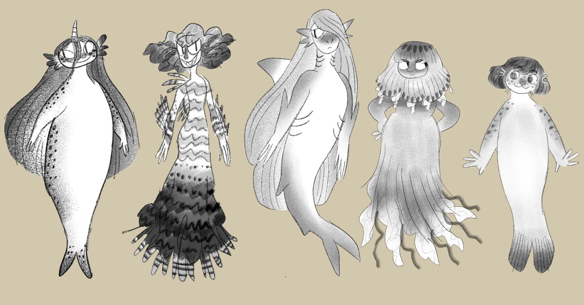 siren/merfolk concept art for chapter 5 of Rum Red that I'm hoping to upload and release sometime this week... have had these girlies for like 5 years so their designs were in need of a touch up! in order: narwhal, lionfish, shark, jellyfish and seal 🐬🐠🦈