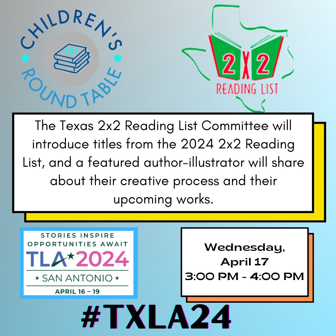 DON'T MISS IT! In one hour! 2nd floor - room 213! Join us for the Texas 2x2 Reading List Showcase! #txla24